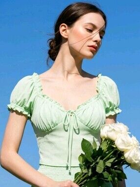 Pastel Green Milkmaid Top Size Small Puff Shoulder Cropped Coquette Bohemian